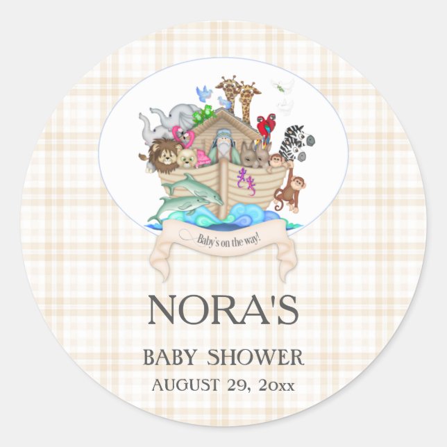 Noah's Ark Animals Ivory Gingham Classic Round Sticker (Front)