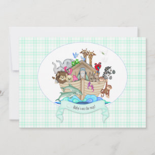 Noah's Ark Animals Mint Green Gingham Invitation