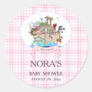 Noah's Ark Animals Pink Gingham Classic Round Sticker