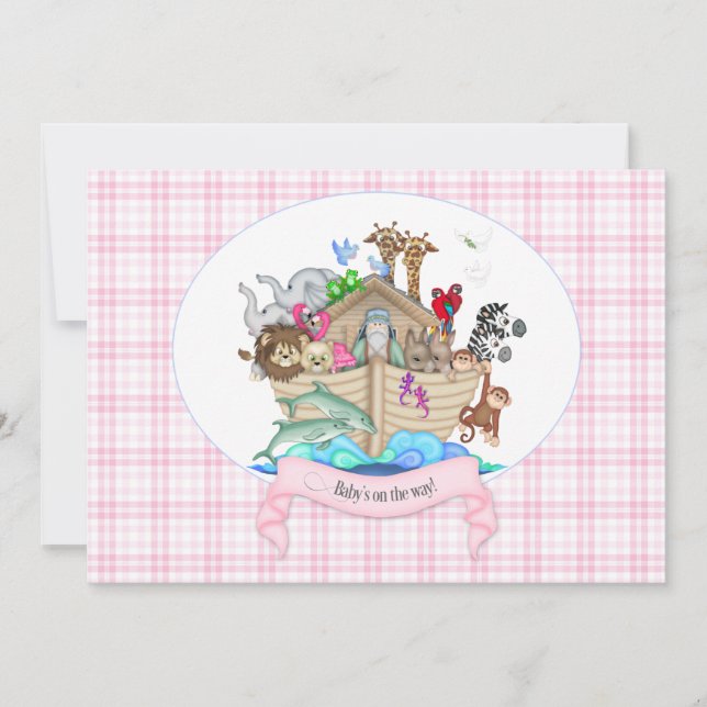 Noah's Ark Animals Pink Gingham Invitation (Front)
