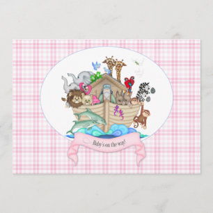 Noah's Ark Animals Pink Gingham Invitation