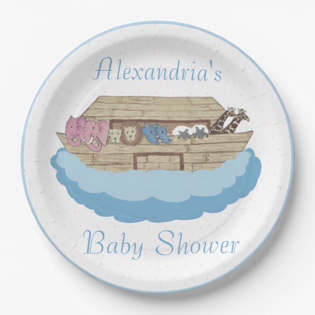 Noah's Ark Baby Boy Blue  Baby Shower Paper Plate (Front)