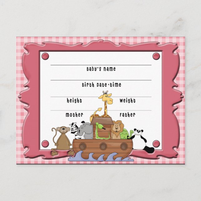 Noah's Ark Baby Girl Birth Certificate Postcard (Front)