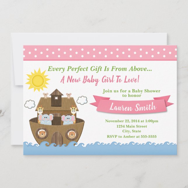Noah's Ark Baby Shower Invitation Girl Baby Shower (Front)