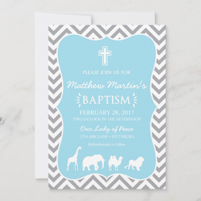 Noah's Ark Baptism Invitation Blue Grey Chevron (Front)