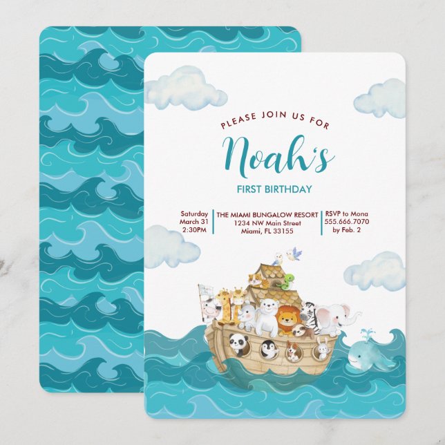 Noah's Ark Birthday invitation. Invitation (Front/Back)