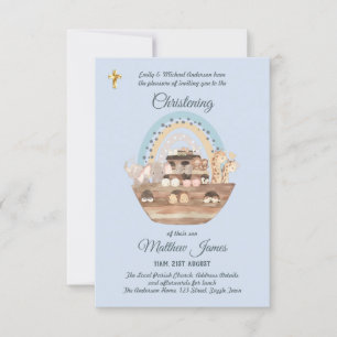 Noah's Ark Blue Boys Christening Invite Baptism 