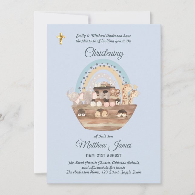 Noah's Ark Blue Boys Christening Invite Baptism  (Front)