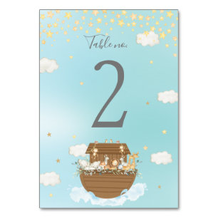 Noah's Ark Blue Cute Animals Baby Shower Birthday Table Number