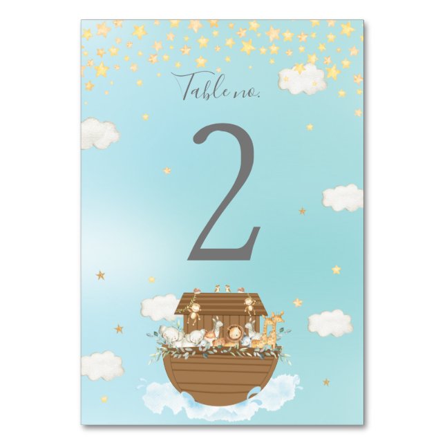 Noah's Ark Blue Cute Animals Baby Shower Birthday Table Number (Front)