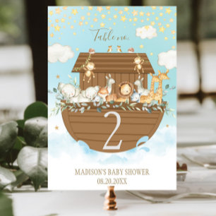 Noah's Ark Blue Cute Animals Baptism Baby Shower Table Number