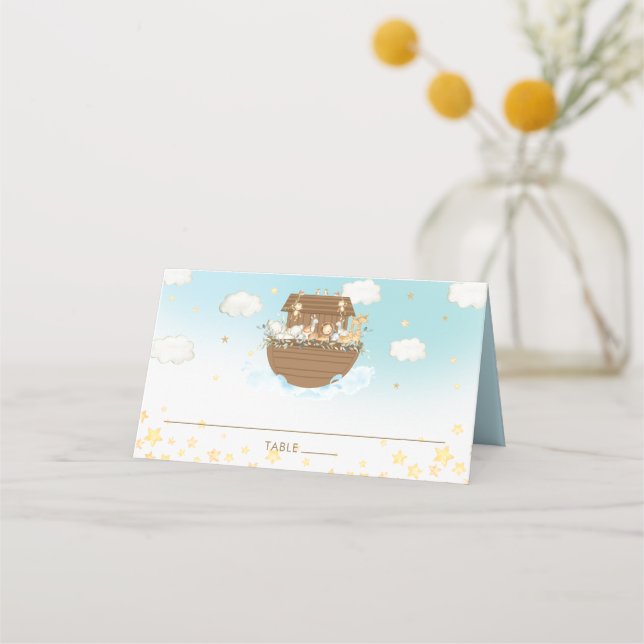 Noah's Ark Blue Cute Animals Birthday Baby Shower Place Card (Front)