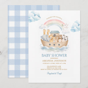 Noah's Ark Blue Gingham Animal Baby Shower Invitation