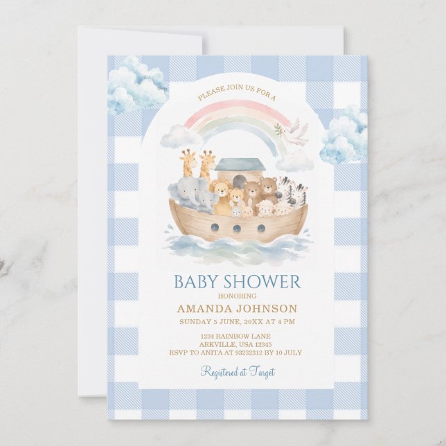 Noah's Ark Blue Gingham Rainbbow Baby Shower Invitation (Front)