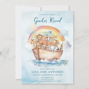 Noah's Ark Blue Watercolor Gender Reveal Invitation