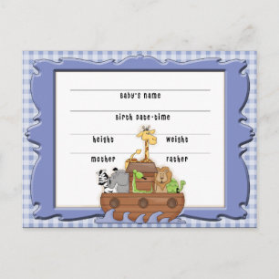 Noah's Ark Boy Birth Certificate Postcard