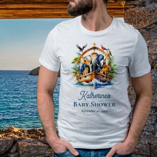 Noah's Ark Cute Animals Blue Boy Baby Shower Tri-Blend Shirt