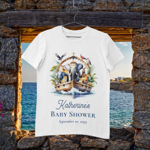 Noah's Ark Cute Animals Blue Boy Baby Shower Tri-Blend Shirt