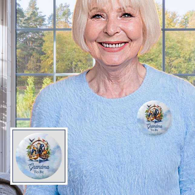 Noah's Ark Cute Animals Blue Boy Grandma to Be 6 Cm Round Badge (Grandma to Be Noah's Ark Cute Animals Blue Boy Baby Shower Pinback Button)