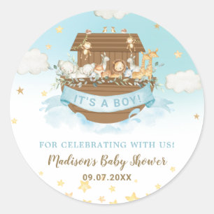 Noah's Ark Cute Animals Boy Baby Shower Blue Classic Round Sticker