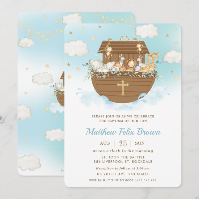 Noah's Ark Cute Animals Boy Baptism Christening Invitation (Front/Back)