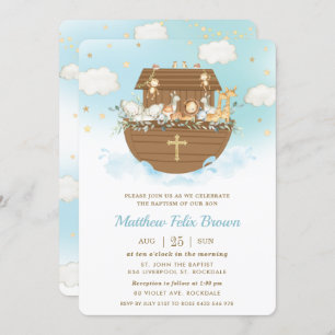 Noah's Ark Cute Animals Boy Baptism Christening Invitation