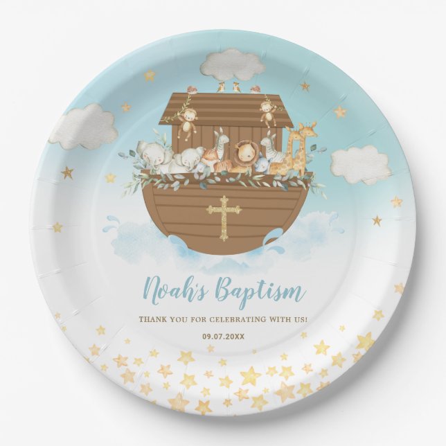 Noah's Ark Cute Animals Boy Baptism Christening Paper Plate (Front)