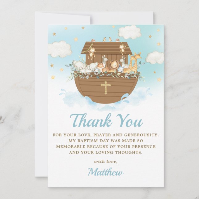 Noah's Ark Cute Animals Boy Baptism Christening  Thank You Card (Front)