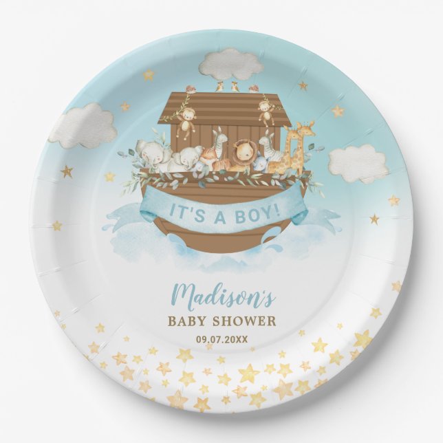 Noah's Ark Cute Animals Boy Birthday Baby Shower Paper Plate (Front)