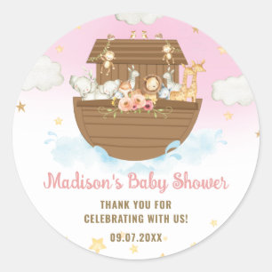 Noah's Ark Cute Animals Girl Baby Shower Favour Classic Round Sticker
