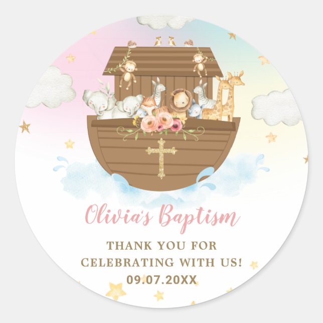 Noah's Ark Cute Animals Girl Baptism Christening   Classic Round Sticker (Front)