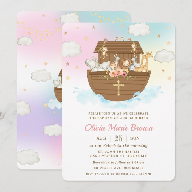 Noah's Ark Cute Animals Girl Baptism Christening  Invitation (Front/Back)