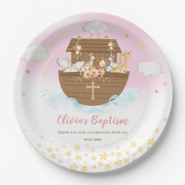 Noah's Ark Cute Animals Girl Baptism Christening  Paper Plate (Front)