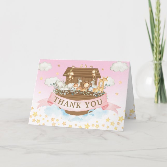 Noah's Ark Cute Animals Girl Birthday Baby Shower Thank You Card (Front)