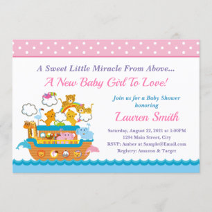 Noah's Ark Girl Baby Shower Invitation 5x7 Card