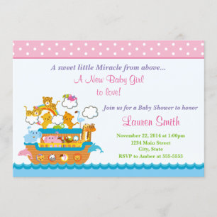 Noah's Ark Girl Baby Shower Invitation 5x7 Card