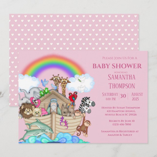 Noah's Ark Girls Baby Shower Invitation (Front/Back)