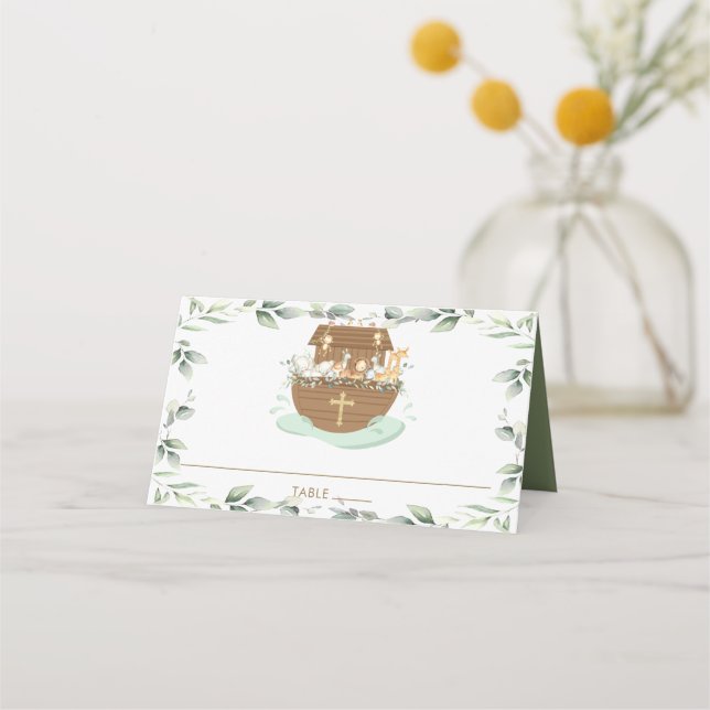Noah's Ark Greenery Animals Baptism Christening Place Card (Front)