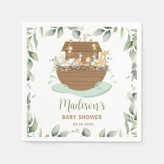 Noah's Ark Greenery Baby Shower 1st Birthday Napkin (Front)