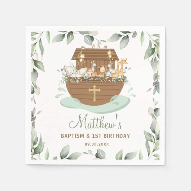 Noah's Ark Greenery Baby Shower 1st Birthday Napkin (Front)