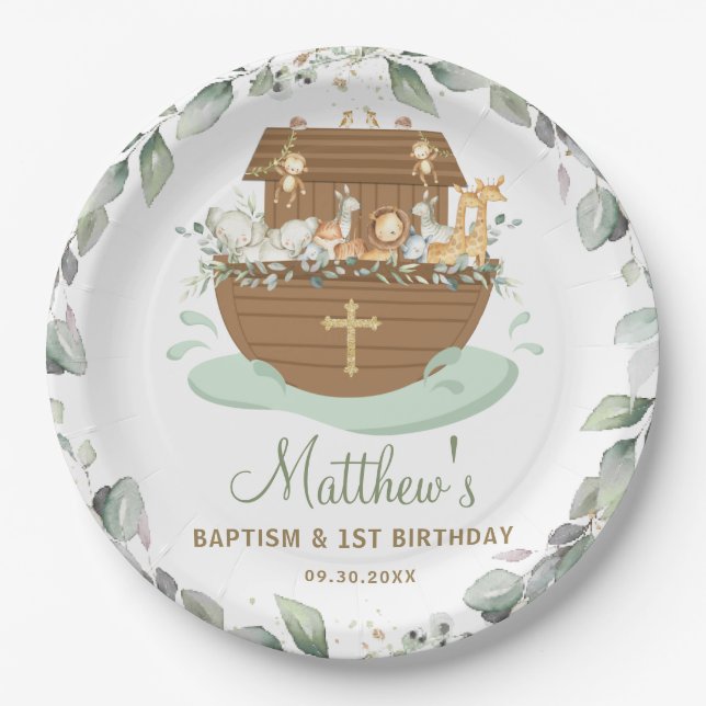 Noah's Ark Greenery Baptism Christening Birthday  Paper Plate (Front)