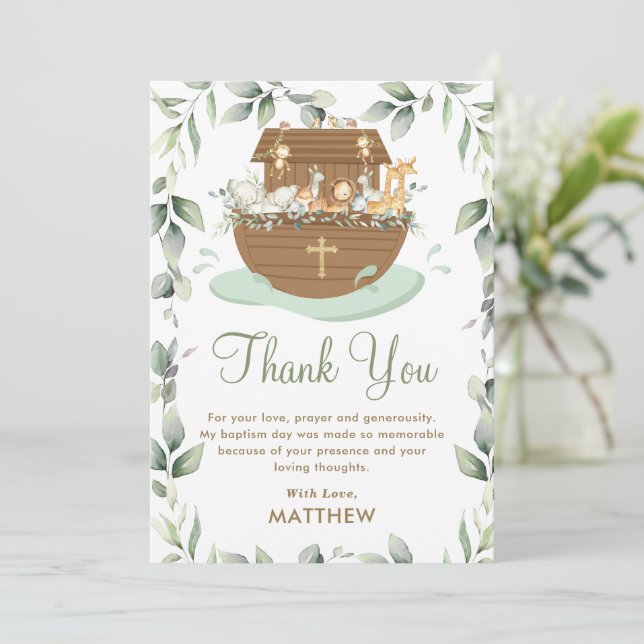 Noah's Ark Greenery Baptism Christening Neutral Thank You Card (Standing Front)