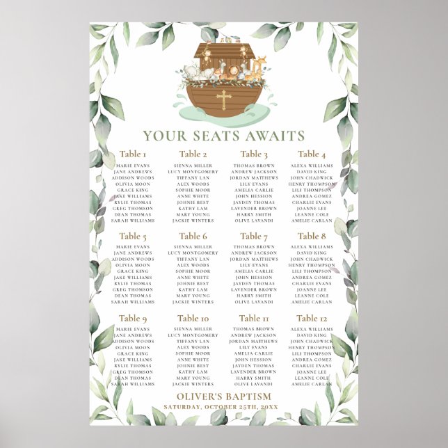 Noah's Ark Greenery Baptism Seating Chart (Front)