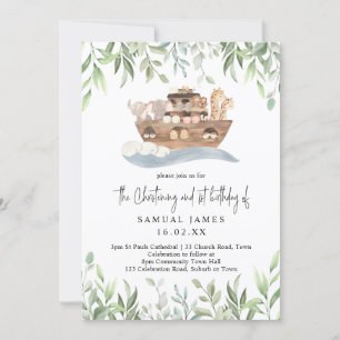 Noahs Ark Greenery Christening & 1st Birthday Invitation