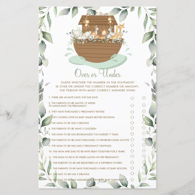 Noah's Ark Greenery Over or Under Baby Shower Game (Front)