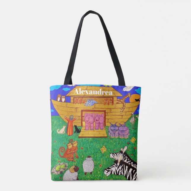 Noah's Ark illustration Rainbow Funny Elephant Tote Bag (Back)