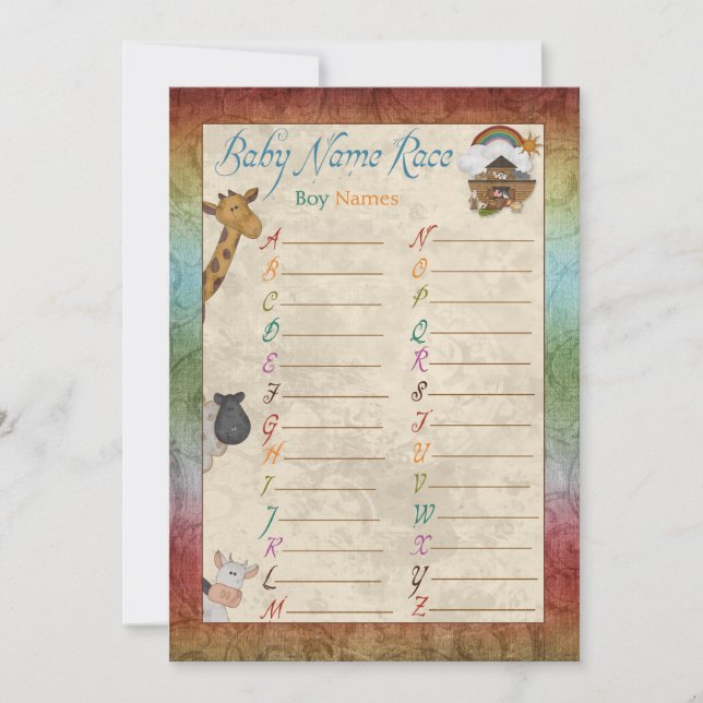 Noah's Ark Name Race Baby Shower Game Cards (Front)