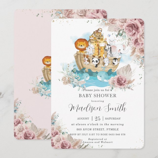 Noah's Ark Pampas Grass Blush Floral Baby Shower Invitation (Front/Back)