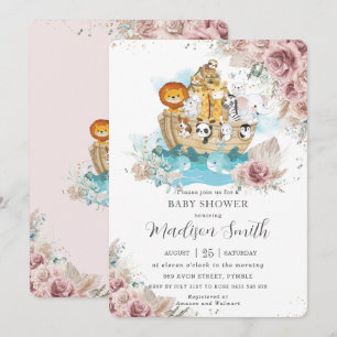 Noah's Ark Pampas Grass Blush Floral Baby Shower Invitation