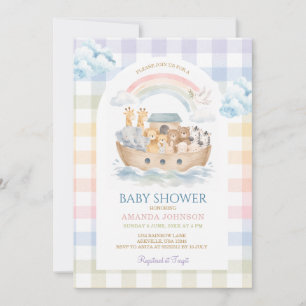 Noah's Ark Pastel Rainbow Gingham Baby Shower Invitation